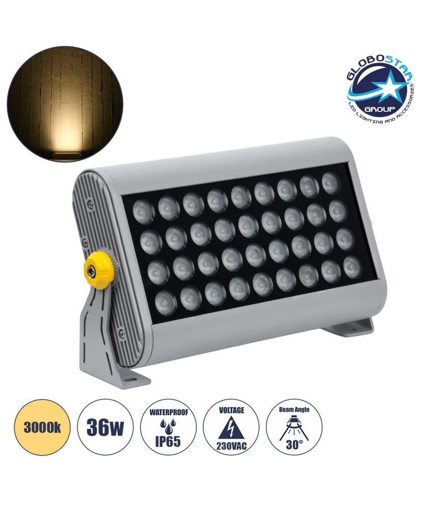 GLOBOSTAR® FLOODHENA 90639 Προβολέας Σποτ Wall Washer LED 36W 3240lm 30° AC 220-240V Αδιάβροχο IP65 Θερμό Λευκό 2700K - Bridgelux SMD Chip - Γκρι Ανθρακί - Μ30 x Π6 x Υ17cm - 3 Χρόνια Εγγύηση